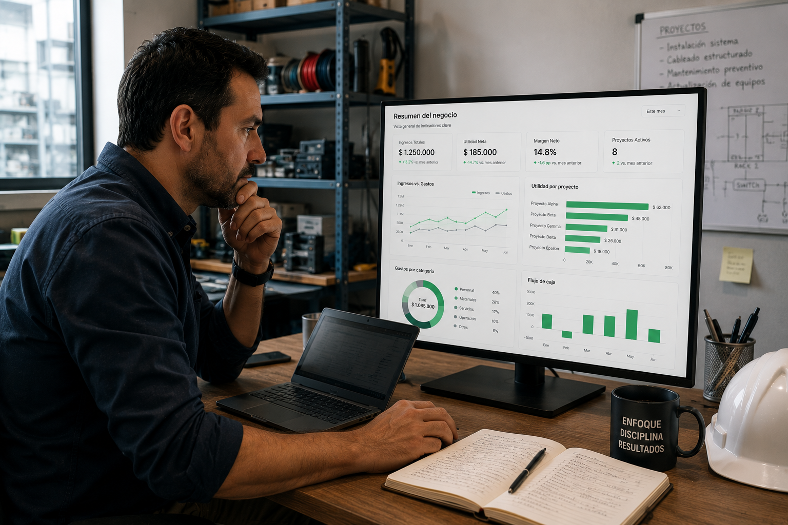 Dueño de empresa técnica revisando reportes y datos del negocio en computadora