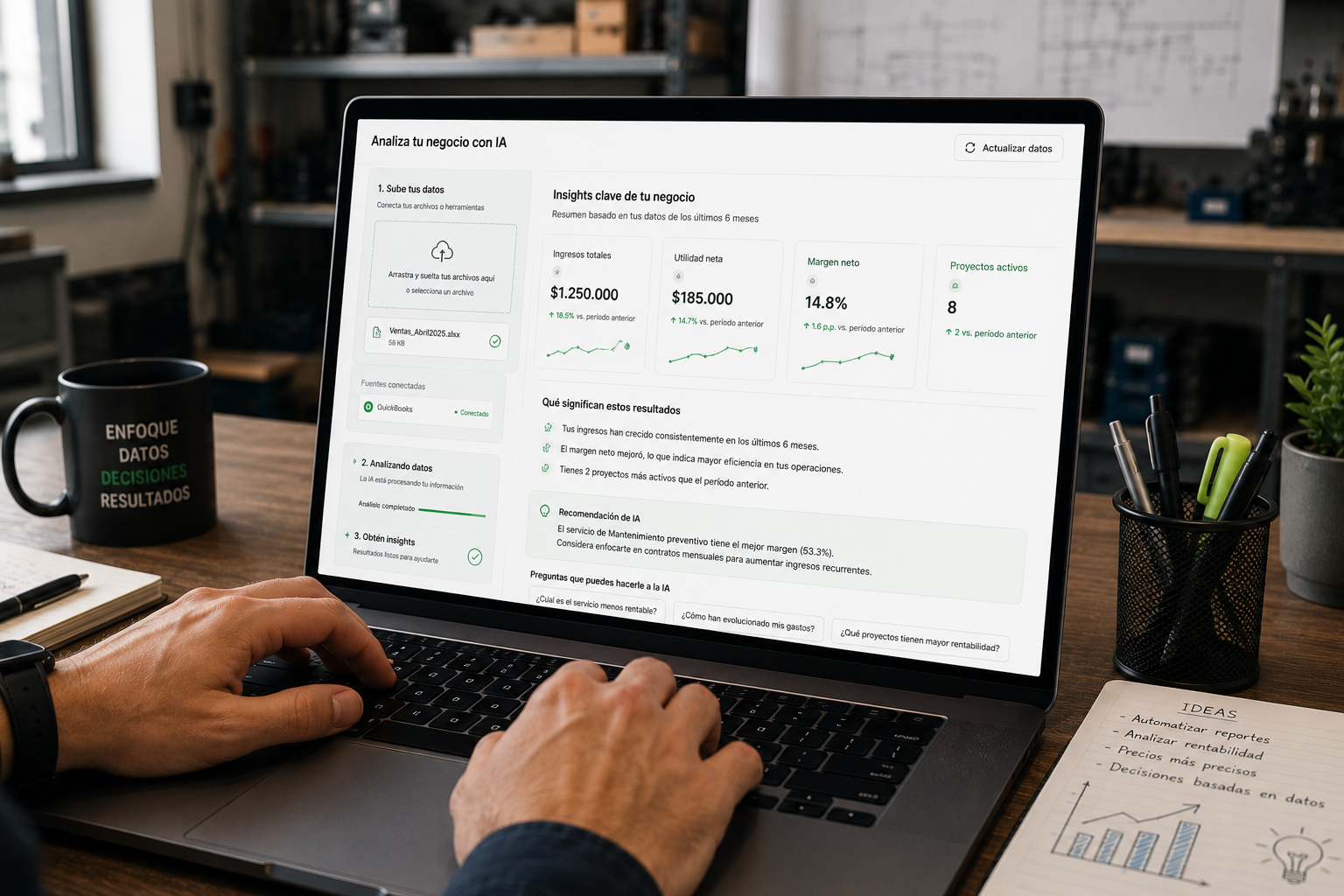 4-proceso-analisis-ia-pyme-cargar-archivo-obtener-insights Interfaz de IA generando un borrador de publicación de marketing para una PYME