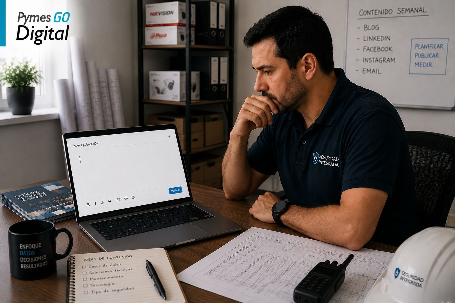 Dueño de empresa técnica frente a pantalla en blanco sin saber qué publicar en LinkedIn