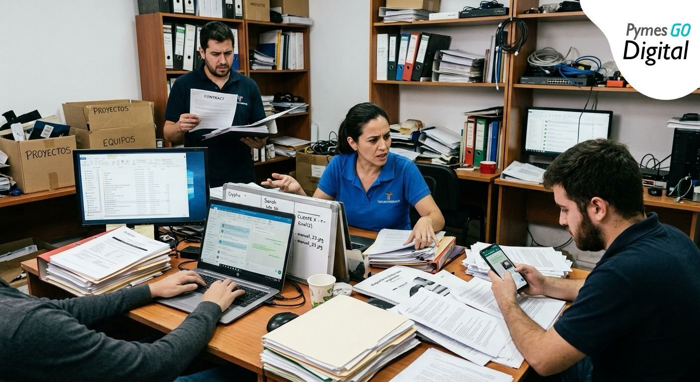 Técnico de HVAC buscando documentación en teléfono y computadora durante visita de servicio al cliente